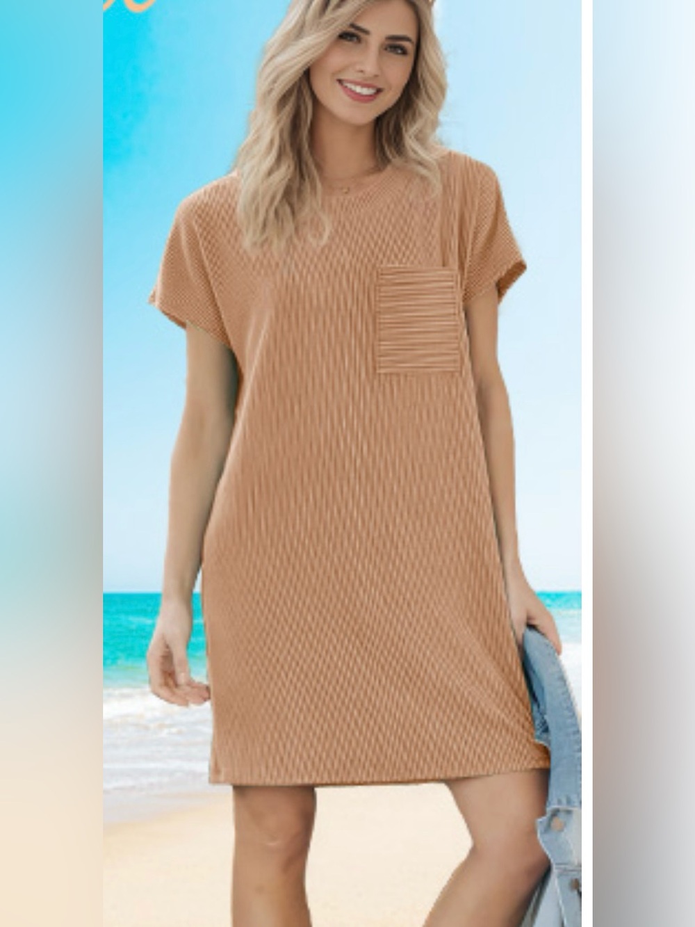 NWT Women’s Short Sleeve Ribbed Shift Dress in Camel